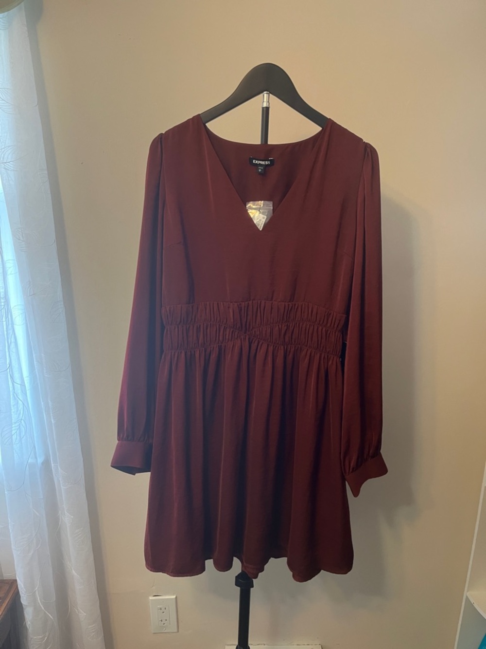 Express Long-Sleeve V-Neck Burgundy Smocked-Waist Dress